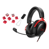 Gaming headset with microphone, red accents, and red keycaps on a white background