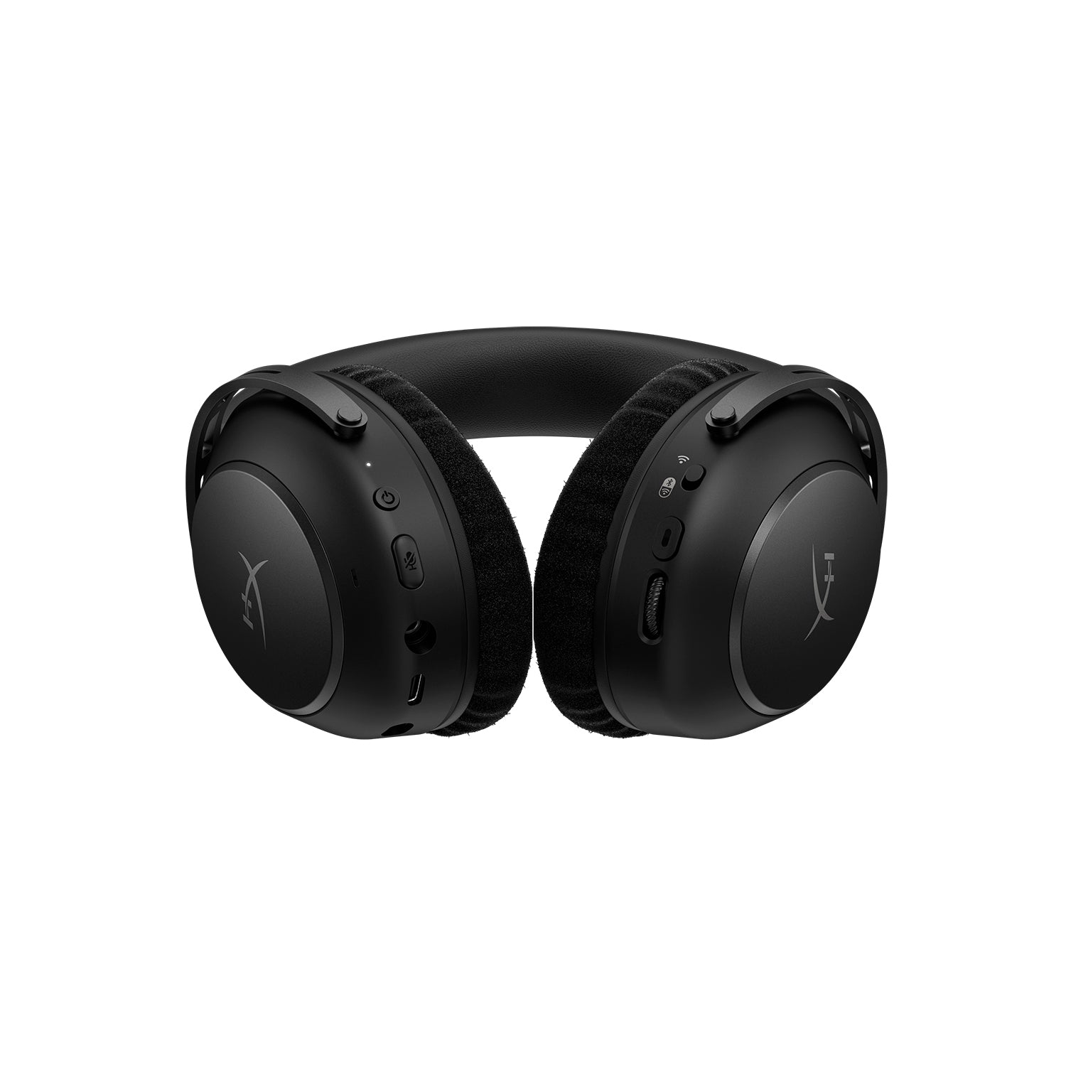 Below view of Black cloud alpha 2 wireless headphones on a white background