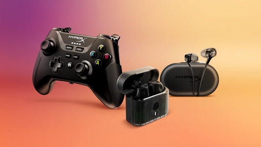 Cirro buds pro, Cloud earbuds II and Clutch Controller on pastel background