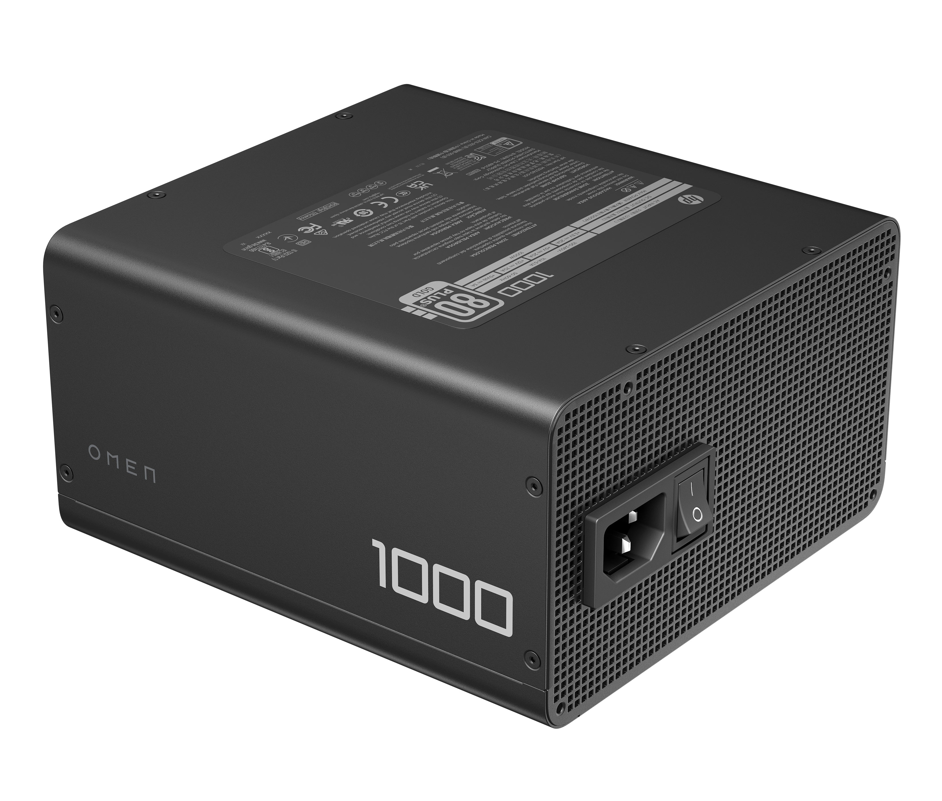 Hp omen a4wk3aa | 1000w atx 3. 1 | 80 plus gold cybenetics platinum | popolnoma modularen pcie 5. 1 12v-2x6 | napajalnik 1 Hp omen 1000w atx 3. 1 napajalnik stranski pogled z mrežico in stikalom