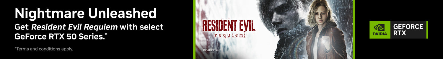 Advertisement for 'Resident Evil: Village' with GeForce RTX branding.