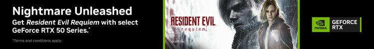 Advertisement for 'Resident Evil: Village' with GeForce RTX branding.