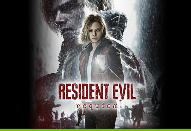 Promotional poster for 'Resident Evil: Requiem' featuring a character in a raincoat with a dark, ominous background.
