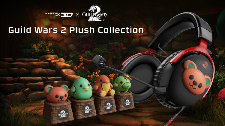 HyperX 3D gaming headset with plush toys inspired by 'Guild Wars 2' on a fantasy-themed background.