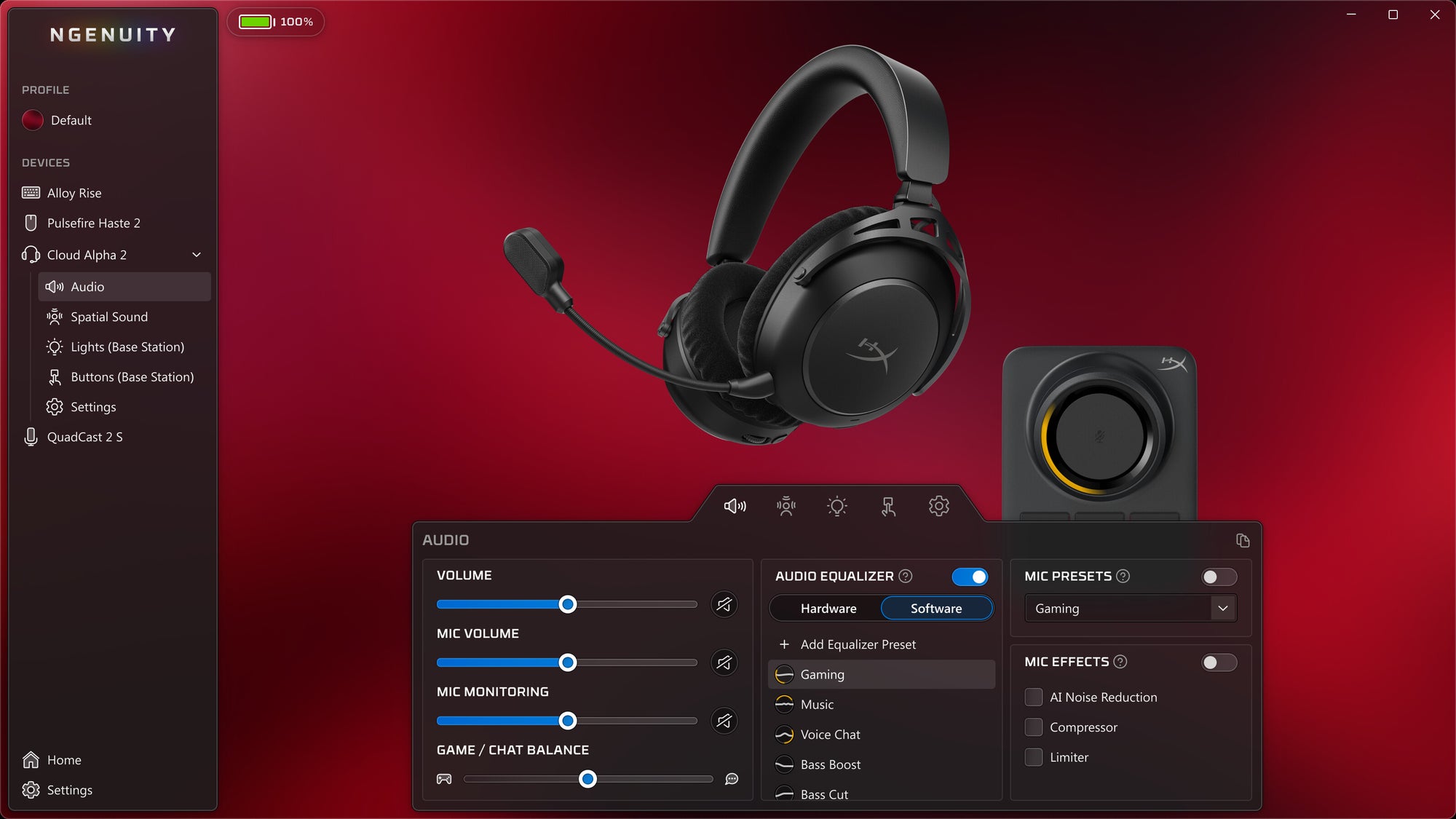 Headset and speakers with audio settings interface on a red background