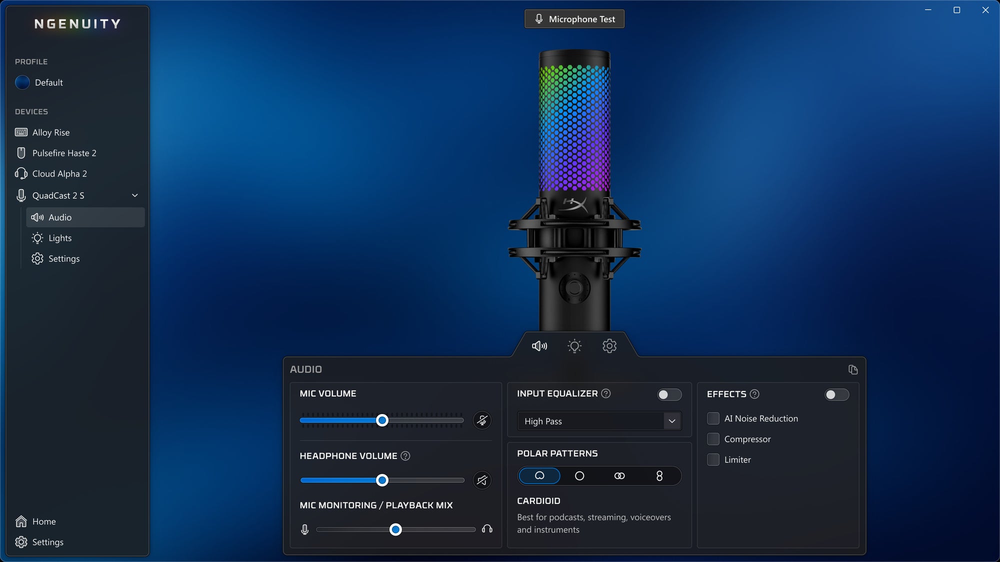 Microphone setup software interface with a colorful microphone on a blue background