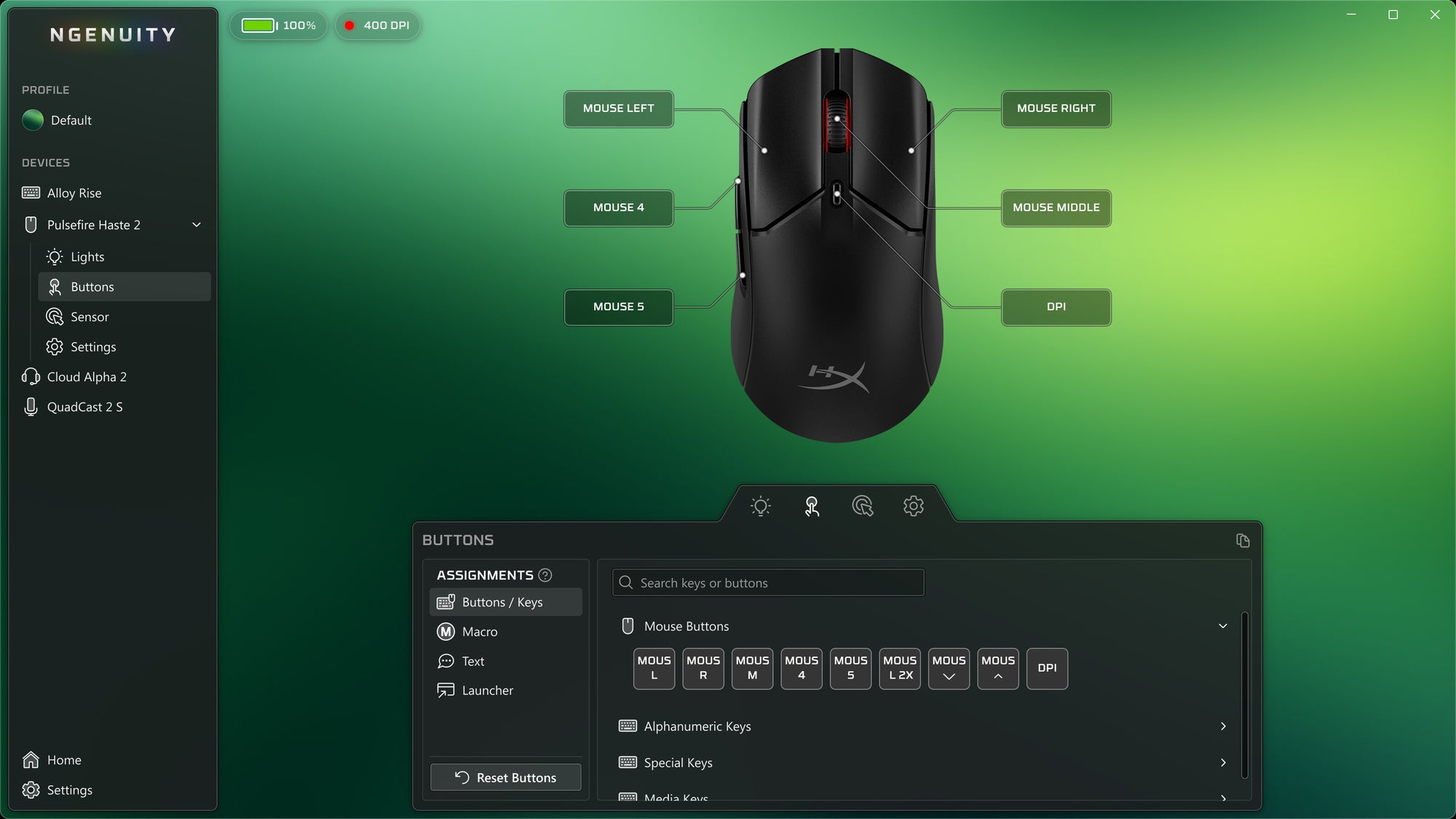 HyperX Ngenuity Software interface showing a mouse connected