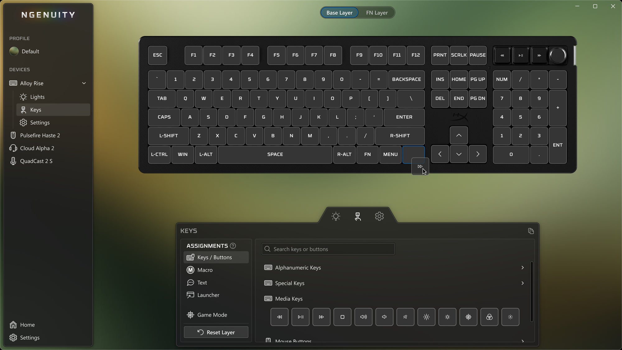 HyperX Ngenuity Software showing a keyboard connected
