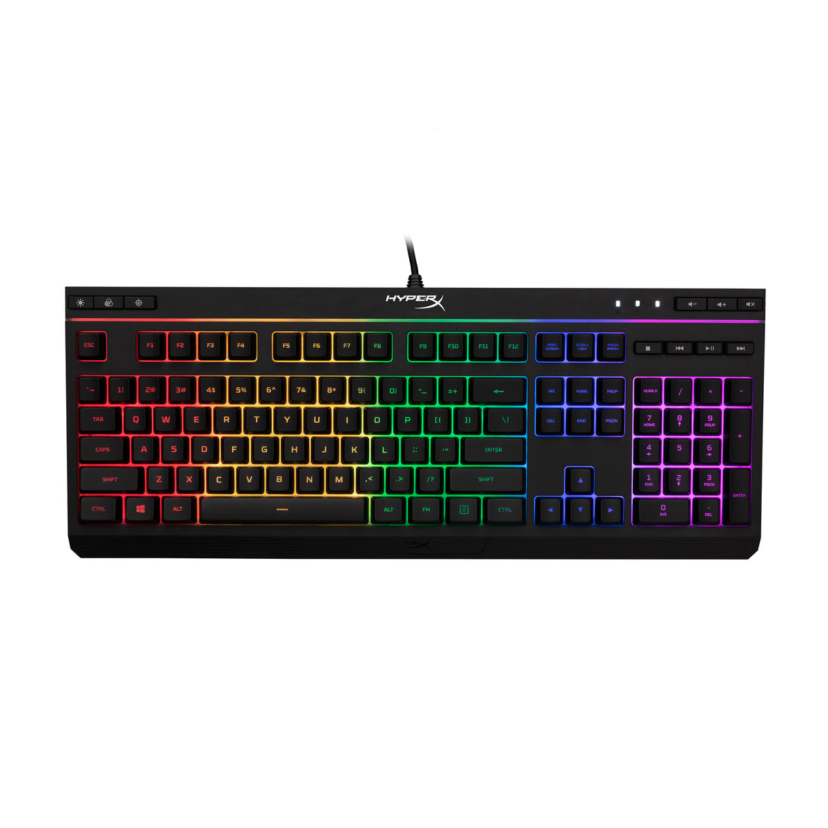 HyperX Alloy Core RGB gaming keyboard front facing displaying RGB lighting effects
