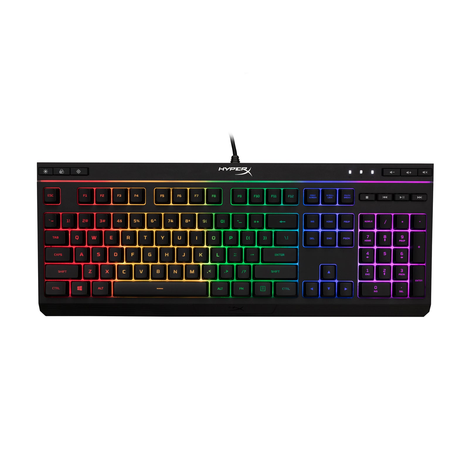 HyperX Alloy Core RGB gaming keyboard front facing displaying RGB lighting effects 2