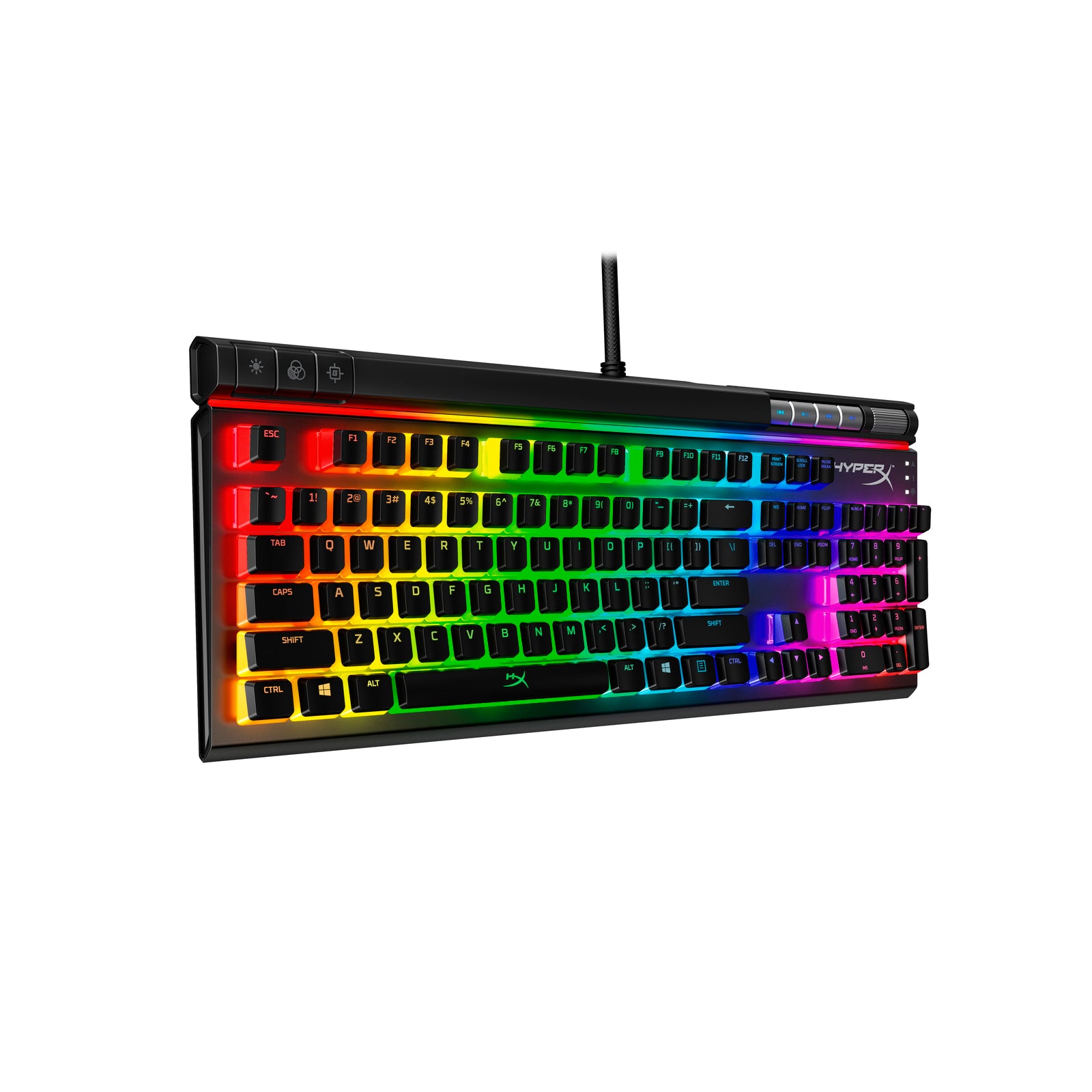 Left front facing view of HyperX Alloy Elite 2 mechanical keyboard displaying RGB lighting