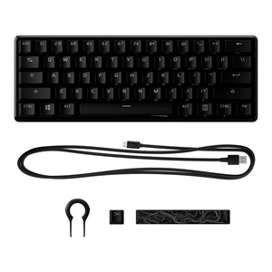 HyperX Alloy Origins 60 Gaming Mechanical Keyboard showing a front side view and additional box contents including cable 