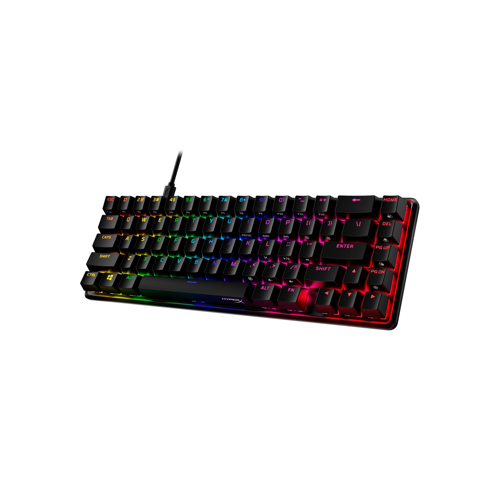Right front facing view of HyperX Alloy Origins 65 mechanical keyboard displaying RGB lighting