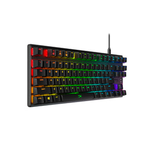 HyperX Alloy Origins Core gaming keyboard  facing angled left displaying RGB lighting effects