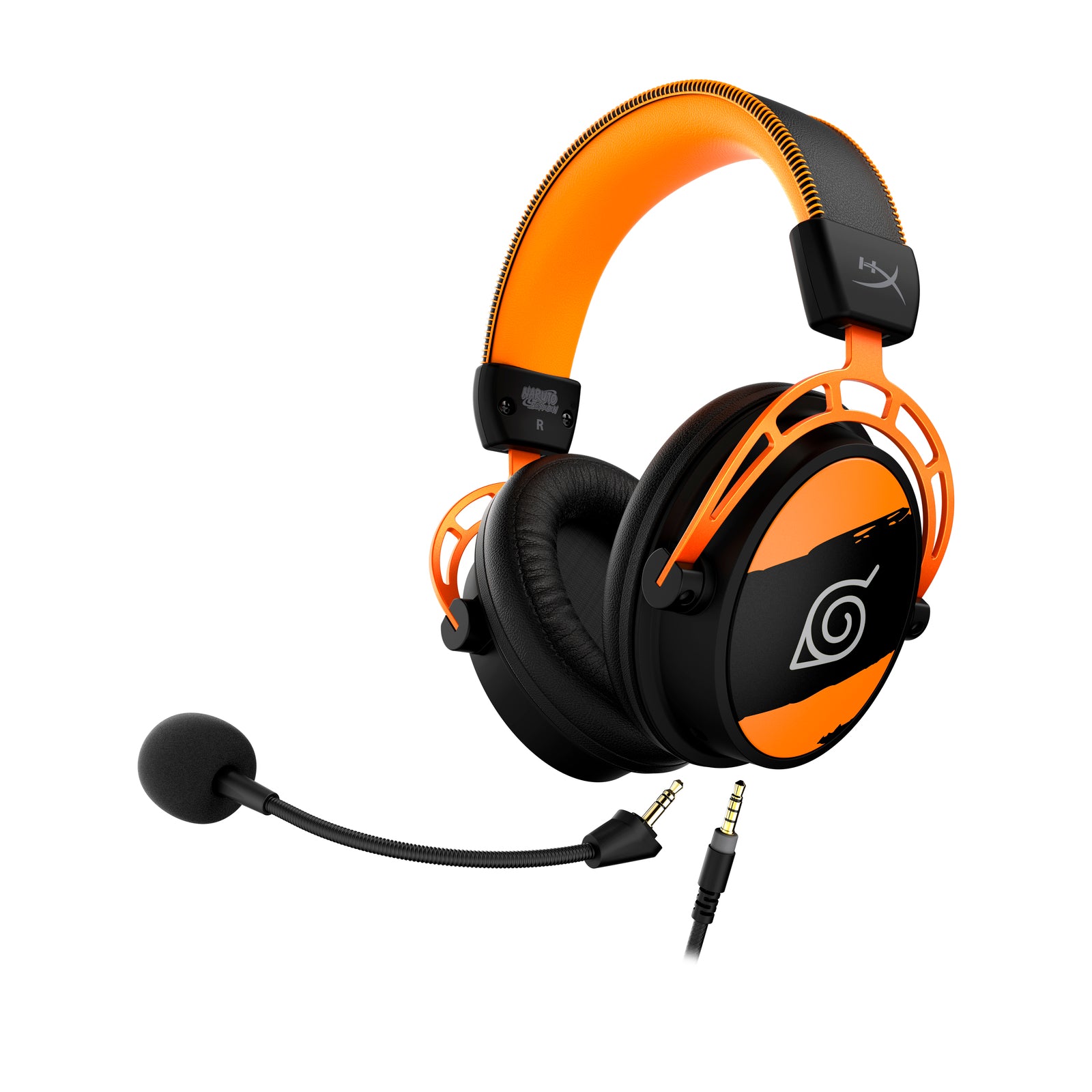 HyperX Cloud Alpha Naruto edition gaming headset with view of detached microphone and in-line audio cable