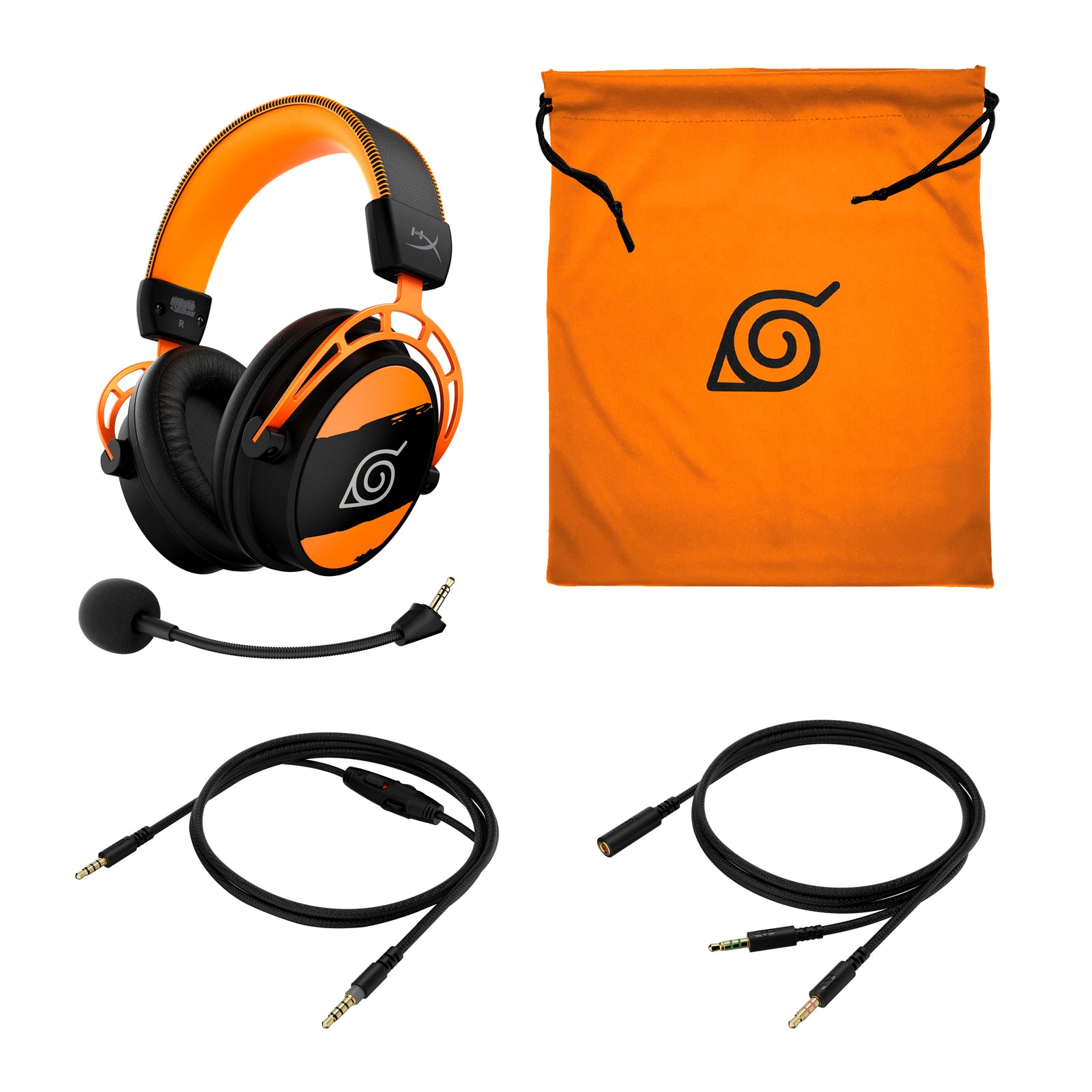 HyperX Cloud Alpha Naruto edition gaming headset with view of mesh bag, detached microphone, in-line audio cable and PC extension cable