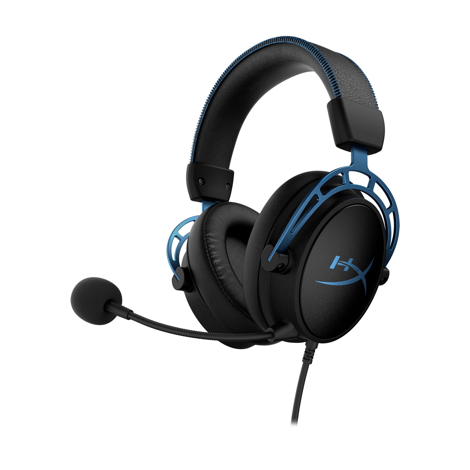 HyperX Cloud Alpha S Blue gaming headset displaying the front left hand side featuring the detachable noise cancelling microphone