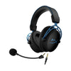 HyperX Cloud Alpha S Blue gaming headset displaying the front left hand side featuring the detached noise cancelling microphone and detachable audio cable