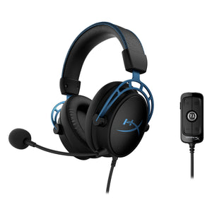 HyperX Cloud Alpha S Blue Gaming headset Blue displaying the left  hand side angle, showing the 7.1 sound card and control box