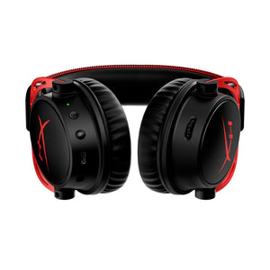 A view of the audio controls for volume, mic mute and mic monitoring on the base of the HyperX Cloud Alpha Wireless gaming headset