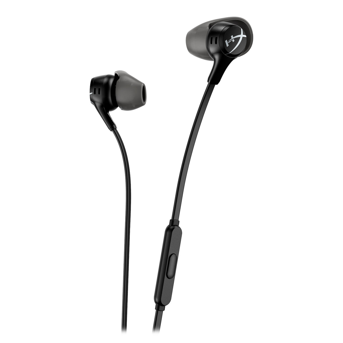 Fones HyperX Cloud Earbuds II pretos, com microfone integrado ao cabo