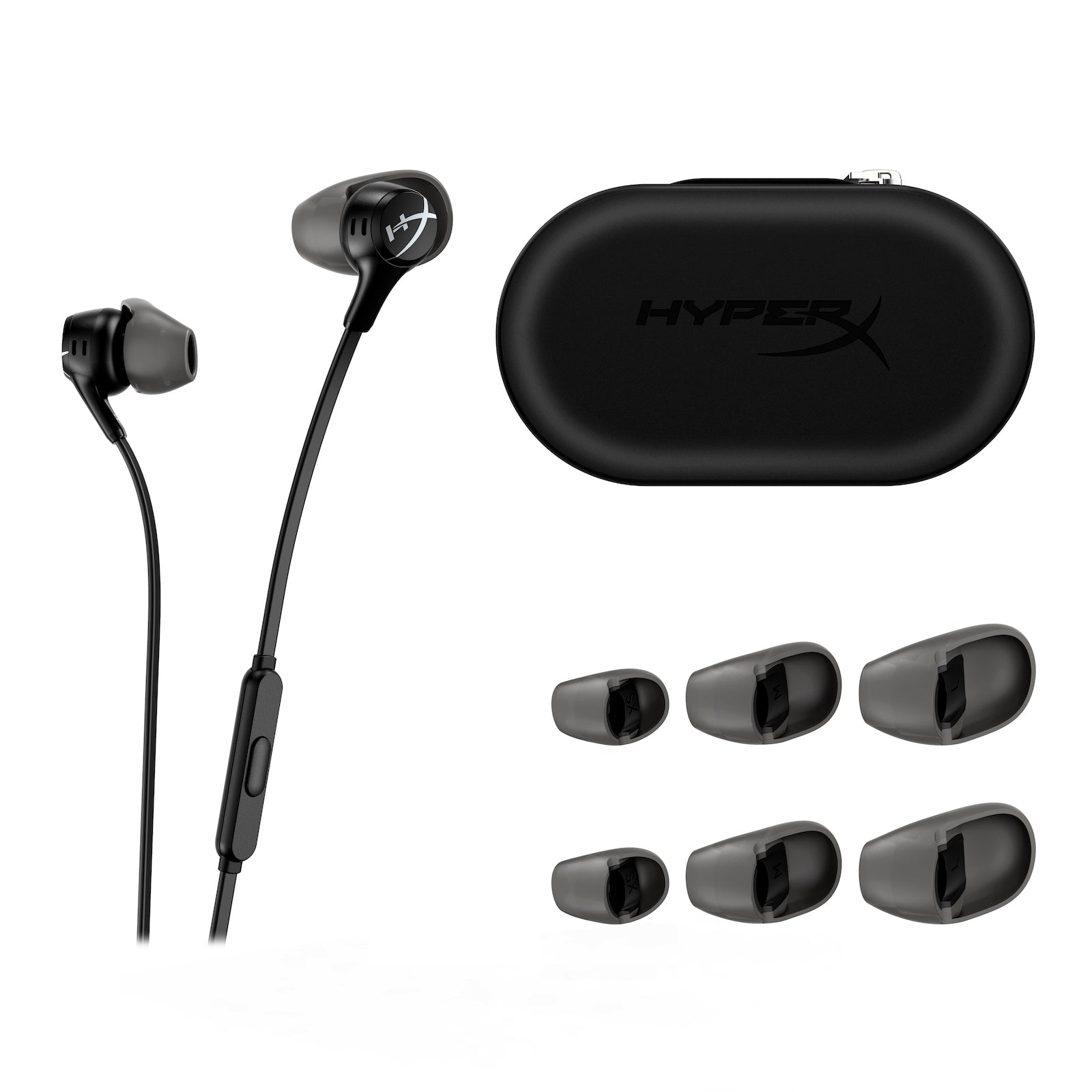 Front view of the HyperX Earbuds II Black accessories and contents