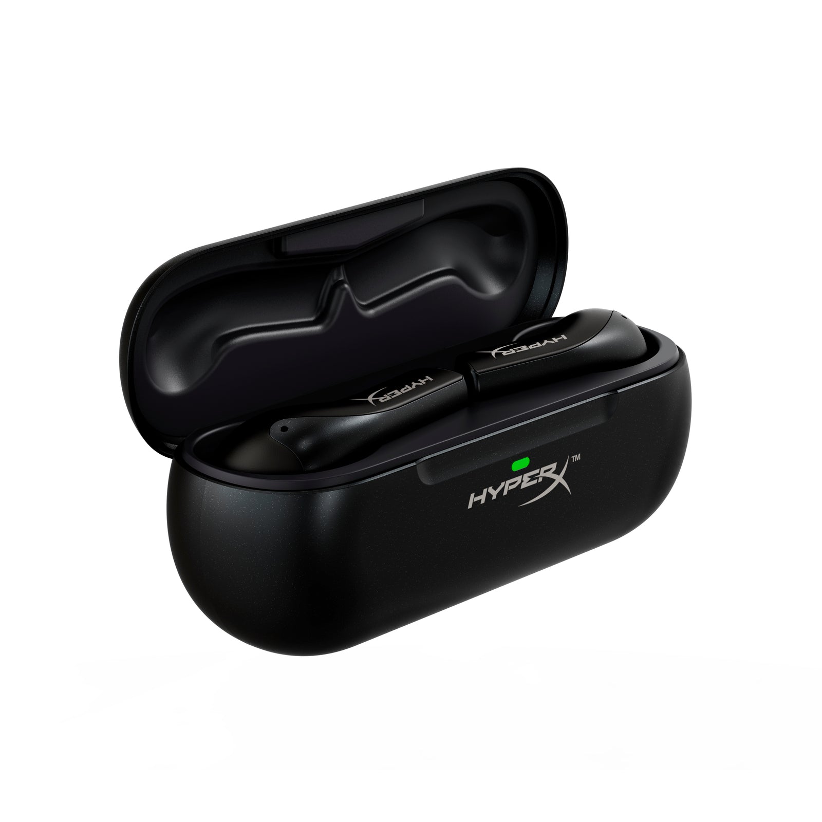 HyperX Cloud Mix Buds wireless headphones front left hand  view of charging case opened with Buds on charge displaying green light