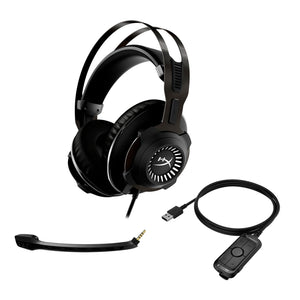 HyperX Cloud Revolver gaming headset displaying detachable mic, charging cable and USB adapter