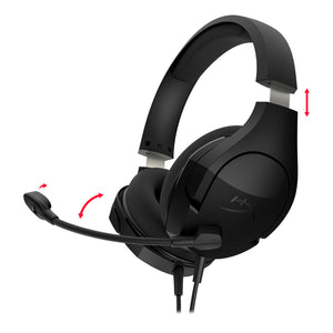 HyperX Cloud Stinger Core  gaming headset showing the front left hand side displaying with arrows adjustable steel sliders and microphone