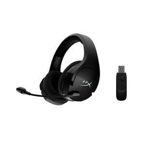 HyperX Cloud Stinger Core Wireless Gaming Headset + 7.1 showing the front left hand side displaying the swivel to mute mic and USB Wireless Adapter