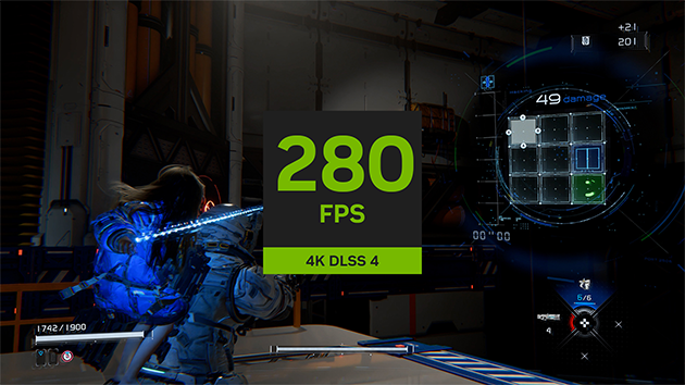 Video game scene with a character in futuristic armor, high FPS and DLSS graphics text overlay.