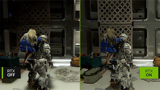 Comparison of graphics quality with RTX Off and On in a video game setting.