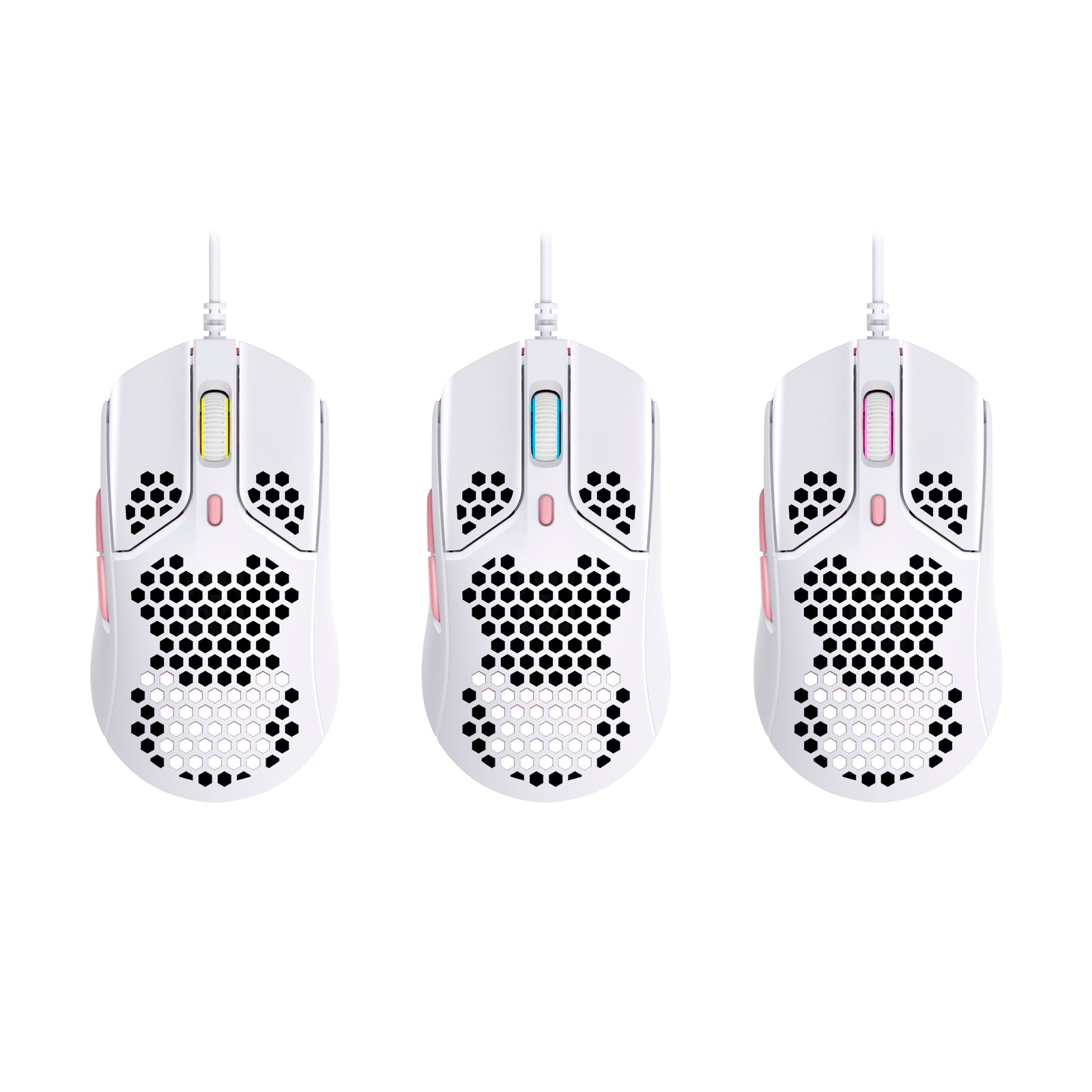 HyperX Pulsefire Haste Pink-White Gaming Mouse showing RGB lighting