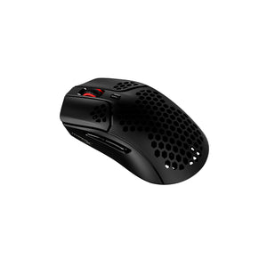 Back left facing view of HyperX Pulsefire Haste wireless gaming mouse displaying programmable buttons