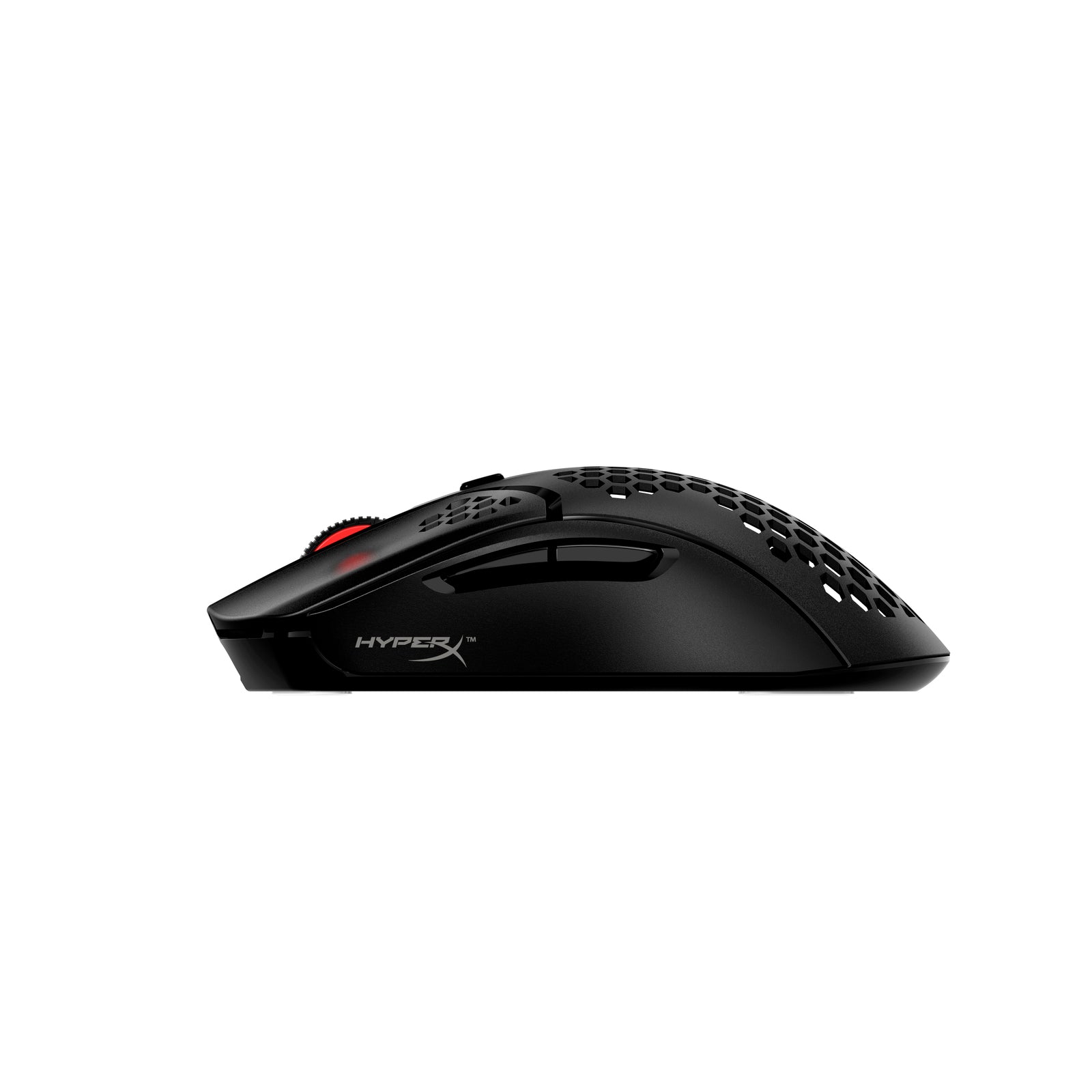 Left facing view of HyperX Pulsefire Haste wireless gaming mouse displaying programmable buttons