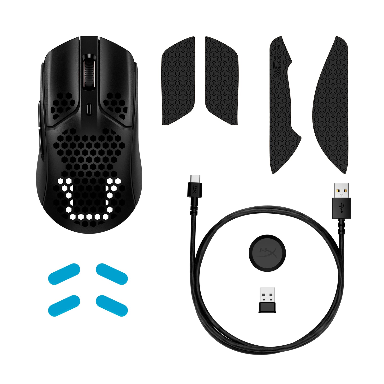 HyperX Pulsefire Haste Wireless Black gaming mouse, front view, featuring the accessories and contents such as the skates, additional grips, sub c charging cable and dongle