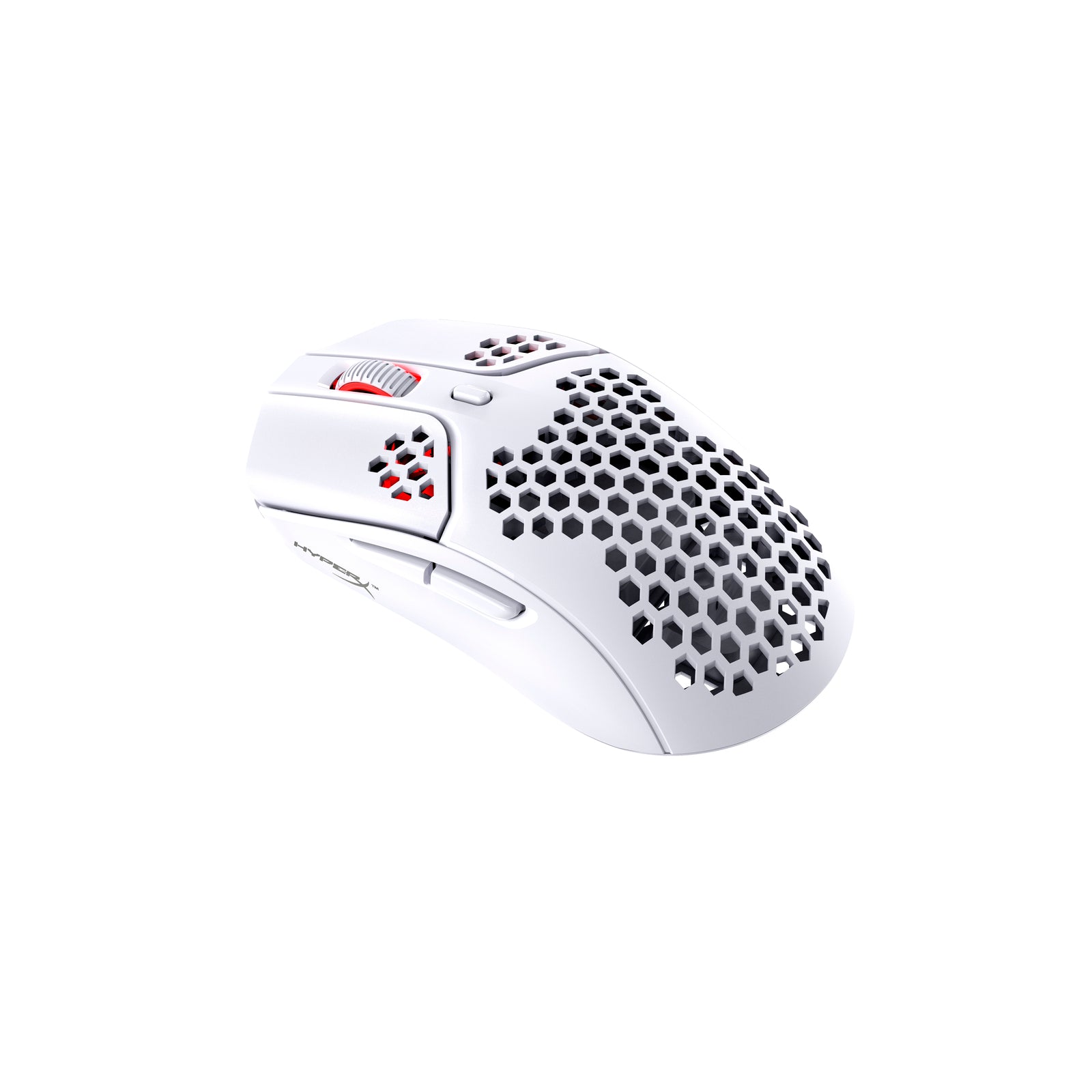 HyperX Pulsefire Haste Wireless White gaming mouse, pointing left - up, view from above