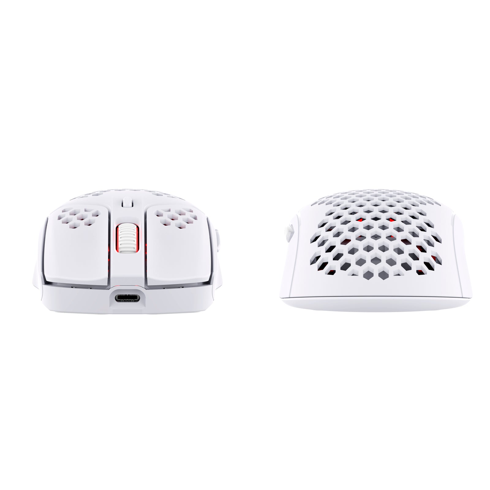 HyperX Pulsefire Haste Wireless White gaming mouse front edge view, featuring the usb c port connection and the back side on the mouse