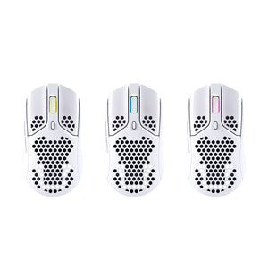 HyperX Pulsefire Haste Wireless White gaming mouse, front view, featuring different examples of the scroll with the RGB light