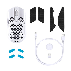 HyperX Pulsefire Haste Wireless White gaming mouse, front view, featuring the accessories and contents such as the skates, additional grips, sub c charging cable and dongle