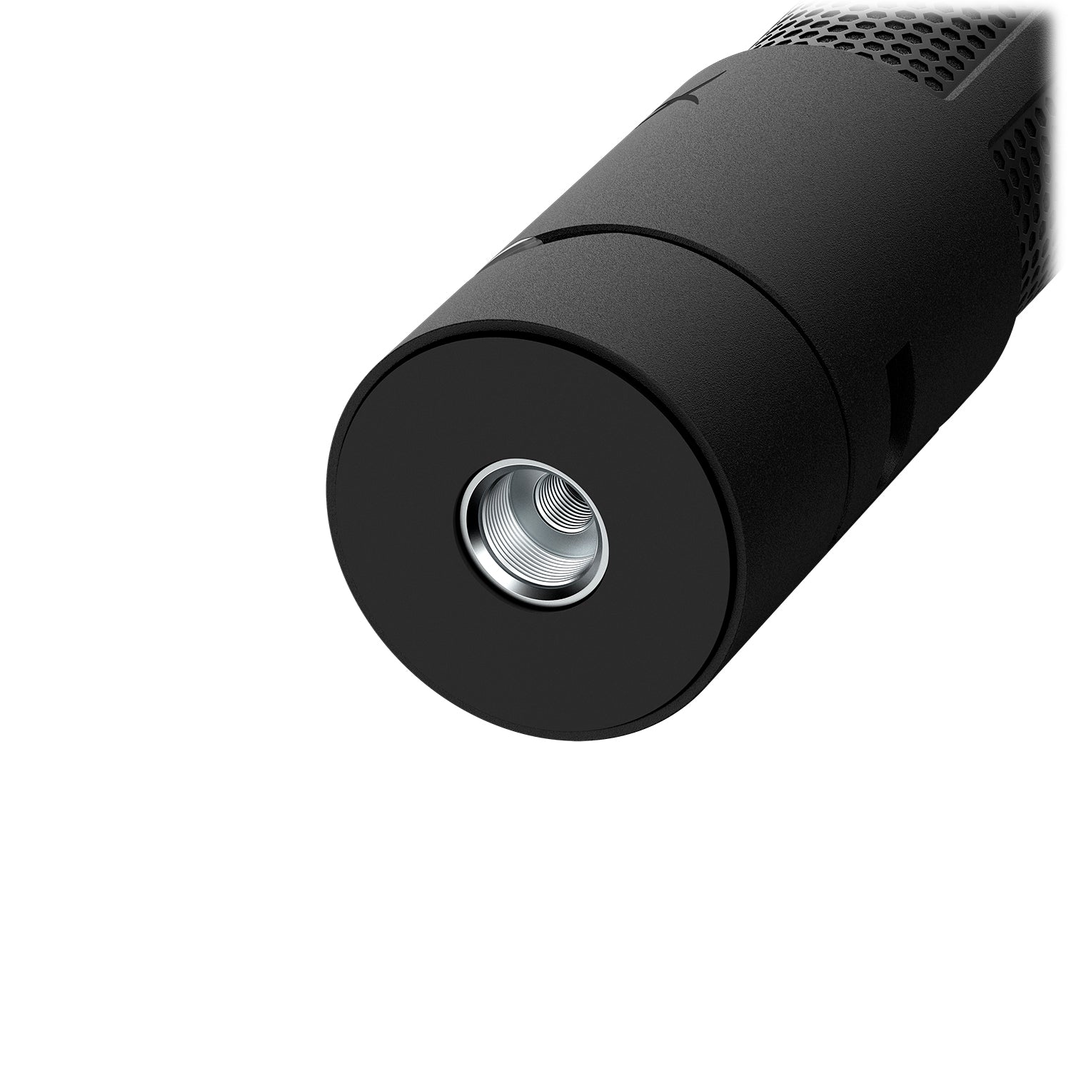 Black cylindrical object with a metallic component on a white background
