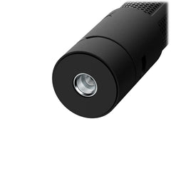 Black cylindrical object with a metallic component on a white background