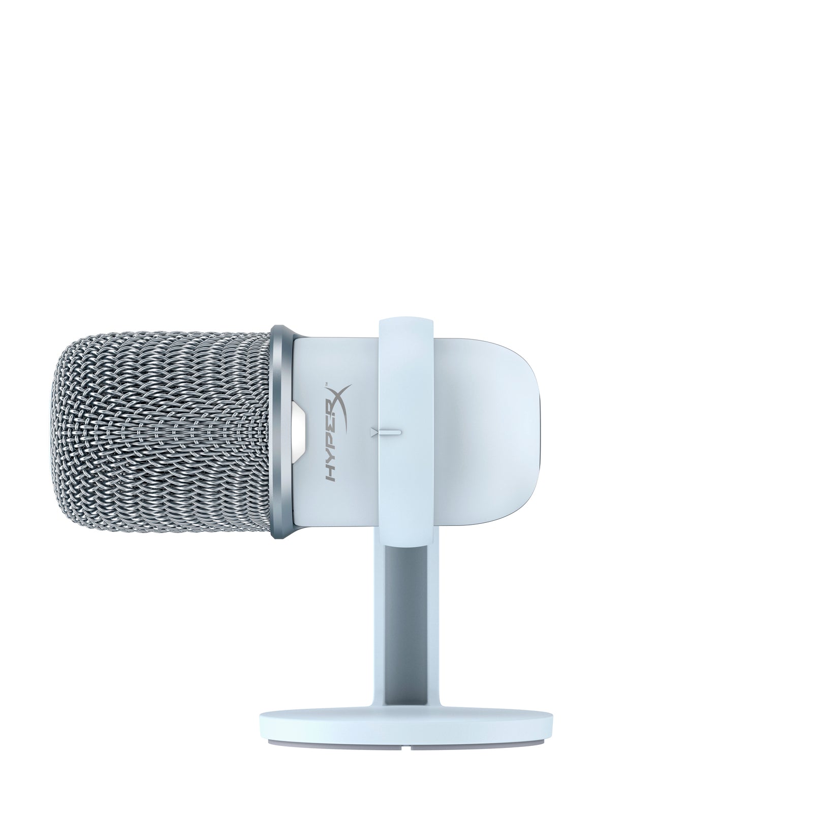 tilted view of HyperX Solocast USB microphone in white