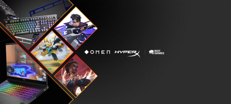 Gaming-themed collage with Omen, HyperX, and Riot Games logos on a dark background.